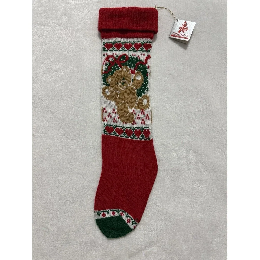 Gibson Teddy Hugglesbie Christmas Stocking Knit Teddy Bear Vintage
